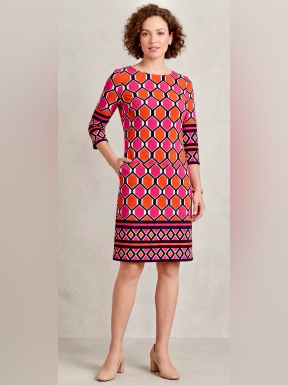 Eliza J Pink & Orange Geometric Print 3/4 Sleeve Shift Dress - Size 14